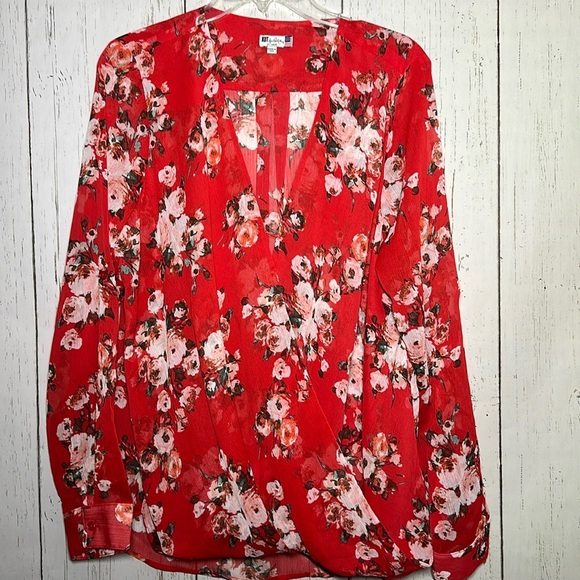 KUT FROM THE KLOTH Red Faux Wrap Chiffon Sheer Blouse Floral Size XL - Picture 1 of 4